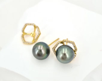 Tahitian Pearl Earrings Green Tahitian Pearl Stud Earrings Ear Jacket Timeless Bridal Pearl Jewelry Gifts for her Anniversary