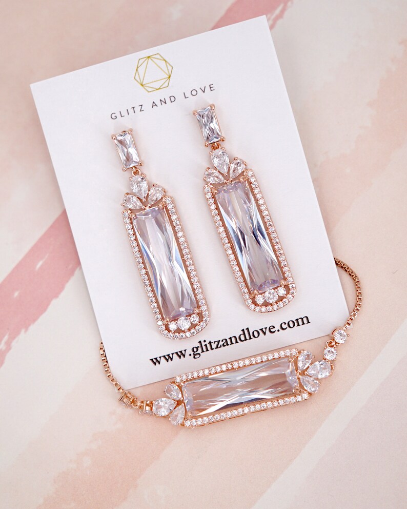 Rose Gold Wedding Bridesmaid Gift Bridal Earrings Necklace Bracelet Jewelry Set Clear White Cubic Zirconia Teardrop Ear Studs E409 B118