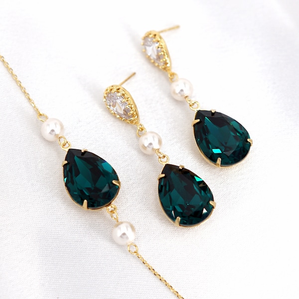 Gold Emerald Crystal Earrings Bracelet Necklace, Wedding Green Jewelry Set for Brides and Bridesmaids, Bridal Shower Gifts, E140 N36 B89