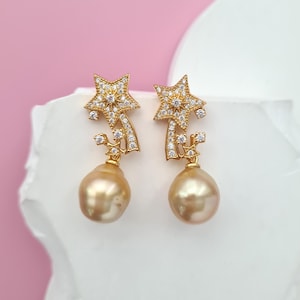 South Sea Pearl Earrings Shooting Stars Celestial Champagne Deep Gold South Sea Pearl Earrings Jewelry pearl Baroque Pearl Earrings
