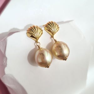 South Sea Pearl Earrings Gold Sea Shell Champagne Gold South Sea Pearl Earrings Jewelry pearl Oval Pearl Earrings