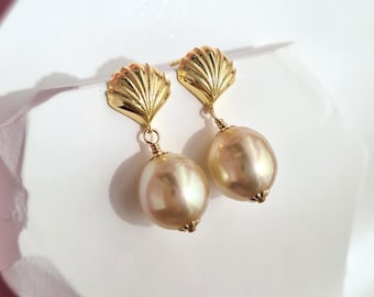 Pendientes de perlas de los mares del Sur, concha de mar dorada, pendientes de perlas de los mares del Sur de oro champán, joyería de perlas, pendientes de perlas ovaladas