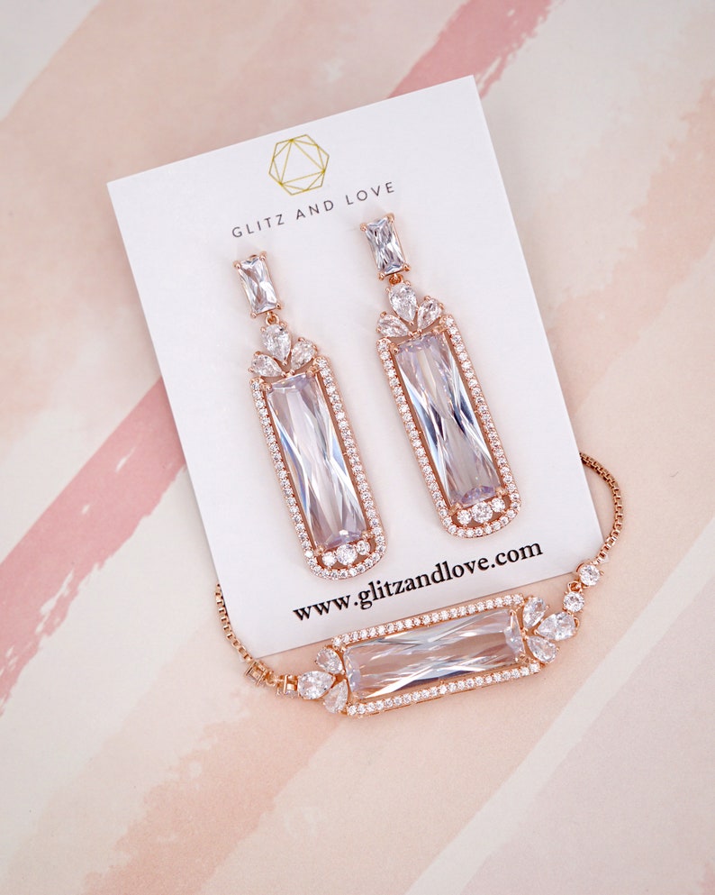 Rose Gold Wedding Bridesmaid Gift Bridal Earrings Necklace Bracelet Jewelry Set Clear White Cubic Zirconia Teardrop Ear Studs E409 B118