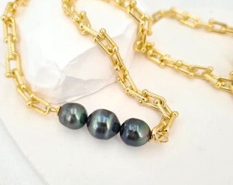 Tahitian Pearl necklace Green Black pearl choker Link chain Necklace Chunky pearl Jewelry mother day gifts for her 30th anniversary