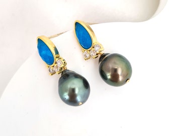 Tahitian Pearl Earrings Green Tahitian Pearl Teardrop Jewelry Blue Black Chic Gold Pearl Jewelry Gifts for Her Minimalist