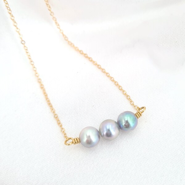 3 Pearl Choker | Saltwater Silver Blue Akoya Pearl Station Necklace | Floating Choker | Minimalist Everyday Pearl Jewelry 14k Gold Filled