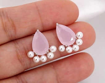 Pink Opal Teardrop Stud Earrings with Pearls | Pastel Light Pink Wedding Jewelry Gifts for Bridesmaids | Meant to be Gifts | E509