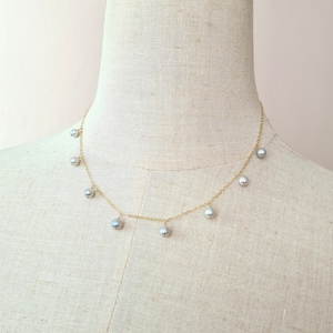 Silver Blue Akoya Pearl Station Necklace | Saltwater Blue Pearl Floating Choker | Brides Minimalist Everyday Pearl Jewelry 14k Gold Filled