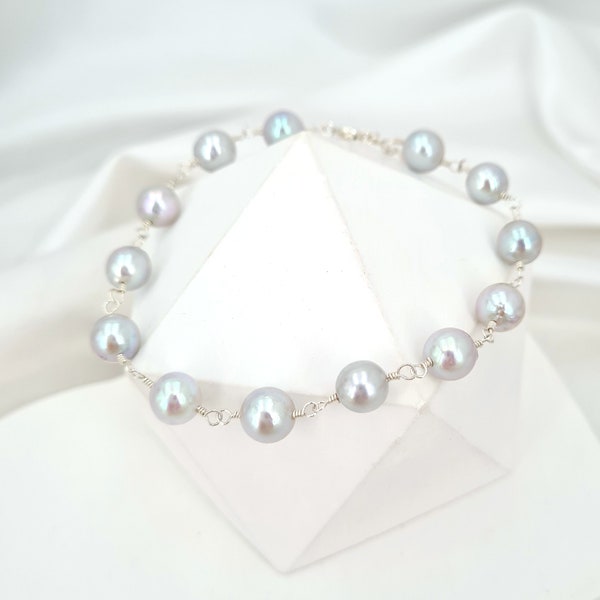 Bracelet en perles d'Akoya, perles d'Akoya, argent gris clair, bleu, bracelet en perles de perles d'Akoya, bijoux en perles pour tous les jours, argent sterling