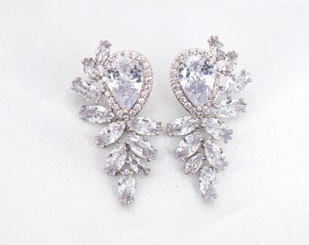 Silver Big Luxe Teardrop Stud Earrings, Wedding Bridesmaid Bridal Shower Jewelry Gift, Brides Crystal Necklace Bracelet Set