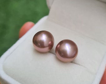 Big Purple Edison Pearl Stud Earrings - 11mm to 12mm - 18K Solid Gold Freshwater Pearl Minimalist Big Studs - Everyday Jewelry