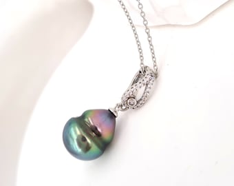 Tahitian Pearl Pendant - 10mm+ Green Purple Blue Teardrop | White Gold Vermeil Detachable Clasp  | Sea Pearl Jewelry | Bride Anniversary