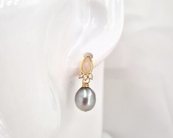 9mm+ Tahitian Teardrop Pearl Earrings | Rose Quartz | Grey hue | Saltwater Sea Pearl Jewelry | Light Pink and Grey | Chic Gold Pearl