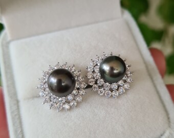 Tahitian Pearl Stud Earrings Peacock Green Purple Grey Tahitian Pearl Jewelry Halo Queen Stud Earrings Wife Gifts for Her Bride