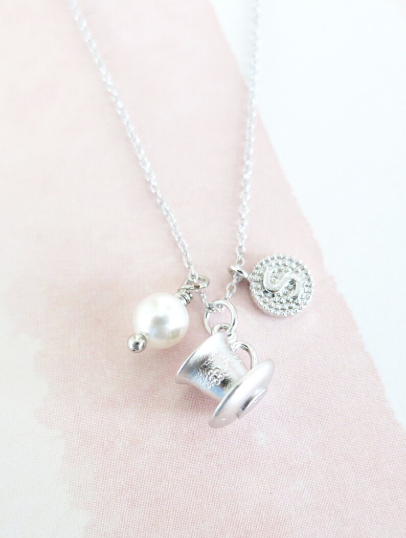 Personalised Initial letter Silver Tea Cup Necklace / Alice in Etsy