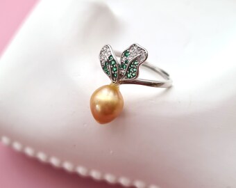 Anillo de perlas del Mar del Sur con perla dorada, estilo zanahoria, elegante y sofisticado. Oro blanco vermeil de 18k. Joyería de perlas marinas. Ideal para uso diario o para cócteles.