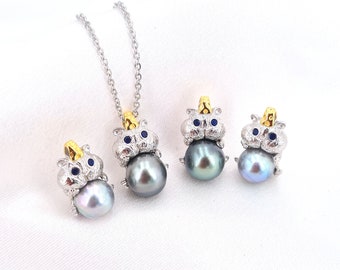 8mm+ Tahitian Pearl Akoya Pearl Cute Hamster Pendant Necklace | Peacock Green Sea Pearl Jewelry | Cute Animal Jewelry | Sterling Silver
