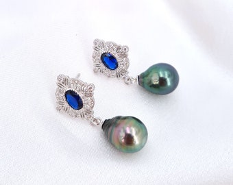 Tahitian Pearl Earrings Peacock Green Purple Blue Vintage Navy Blue Tahitian Pearl Jewelry Wife Gifts for Her Something Blue for Bride