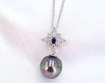 Tahitian Pearl Pendant - 11mm+ Purple Blue Green Drop | Elegant Starburst Sterling Silver 18k Gold | Sea Pearl Jewelry | Bride Anniversary