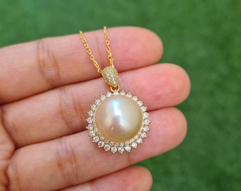 12mm+ South Sea Pearl Pendant Necklace with Cubic Zirconia Halo | Champagne Golden Saltwater Sea Pearl Jewelry | 18k Gold Vermeil