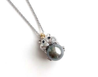 8mm+ Tahitian Pearl Cute Hamster Pendant Necklace | Peacock Green Sea Pearl Jewelry | Saltwater Pearl Cute Animal Jewelry | Sterling Silver