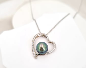 Tahitian Pearl Necklace - Peacock Green Pearl Silver Heart Necklace | White Gold Vermeil Clasp  | Sea Pearl Jewelry | Bride Anniversary