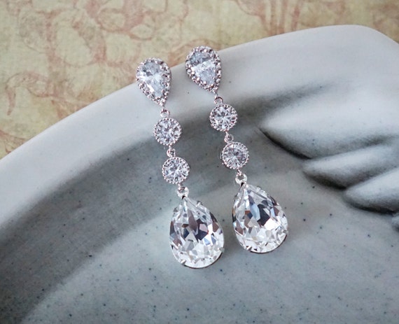 Wanetta Silver Swarovski Crystal Teardrop Earrings | Etsy