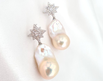 Large White Baroque Pearl Earrings - Star burst Earrings | Statement Pearl Earrings, Freshwater big pearl jewelry