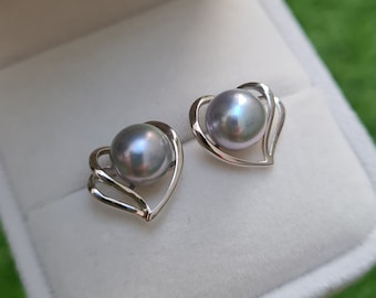 Akoya Blue Pearl Stud Earrings Akoya Baby Blue Pearl Seawater Pearl Gifts for her Something Blue Brides Heart Love Everyday Jewelry