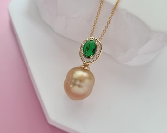 Collar con colgante de perla del Mar del Sur de 11 mm+, perla dorada con circonita cúbica, cierre desmontable, color champán, oro, perlas marinas de agua salada.