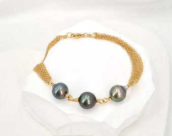 Tahitian Pearl Bracelet Peacock Green Pearl Multi-Chain Gold Tahitian Pearl Jewelry Wife Gifts for Her Boho Wedding Earrings for Bride