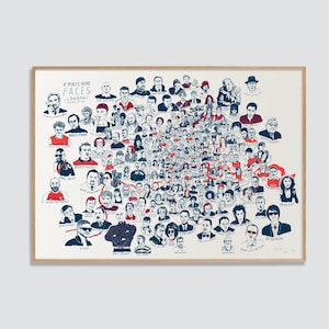 May include: A framed print titled "If Places Were Faces - London" with numerous illustrated portraits in red and blue. The artwork is set against a cream background, with a wooden frame.