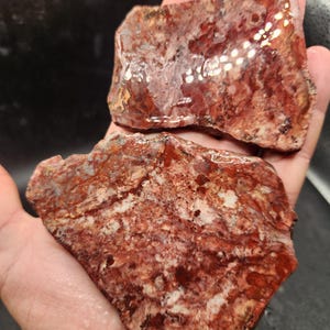 Pode incluir: Duas pedras polidas em bruto com uma mistura de padrões vermelhos, castanhos e brancos. As pedras têm uma forma e textura natural e orgânica, com áreas de alto brilho. A aparência geral sugere um foco em pedras preciosas naturais ou espécimes minerais.