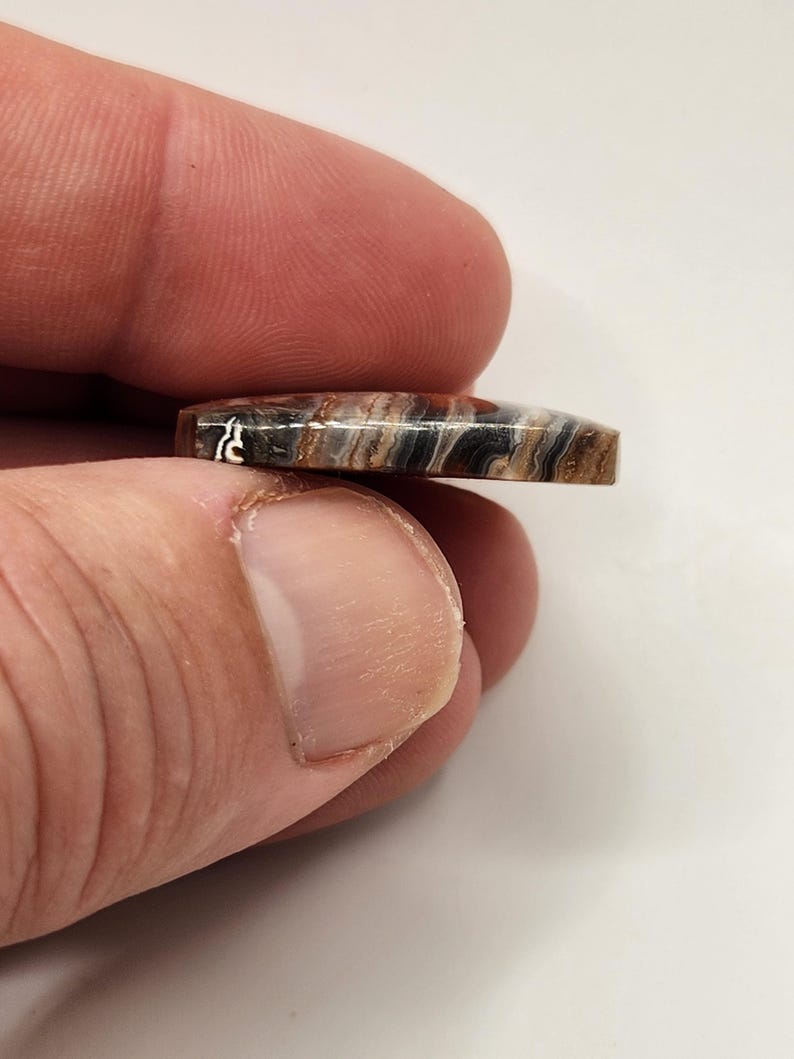 May include: A small, polished stone with a rectangular shape and rounded edges. The stone features a natural pattern of brown, black, and white bands. The stone is held between two fingers, showcasing its size and detail.