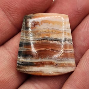 Könnte beinhalten: Ein polierter, trapezförmiger Edelstein mit einem geschichteten Muster aus beigen, braunen, grauen und schwarzen Bändern. Der Stein hat eine glatte, glänzende Oberfläche und wird in einer Hand gehalten, wodurch seine natürlichen Farben und sein einzigartiges Design zur Geltung kommen.