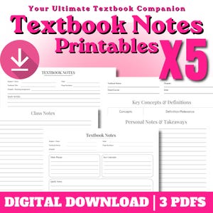 May include: A set of five printable textbook note templates featuring black text on white paper. The sheets include sections for subject, date, textbook name, chapter, main notes, key concepts, definitions, and personal takeaways. Includes a download icon.