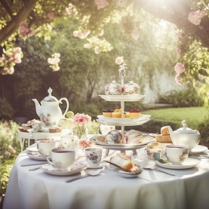 Elegant Tea Party Digital Art Bundle for Event Signage & Framing | Vintage Garden Scenes | 5 Instant Download Images