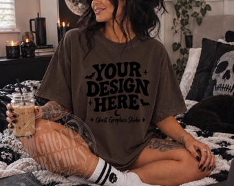 Comfort Colors C1717 Espresso Shirt Mockup | CC 1717 Espresso T-shirt Mock-up | Tattooed Model Tee Mockup | Coffee T Shirt Mockup Trendy