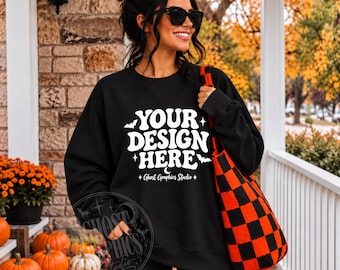 Gildan 18000 Black Sweatshirt Mockup | G180 Black Crewneck Mockup | Model Mock | Fall Etsy Mockup | Halloween Sweatshirt Mockup