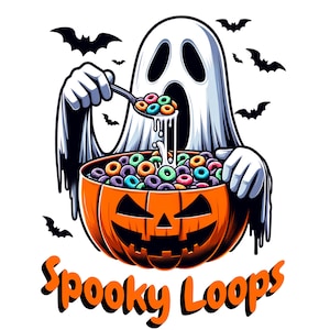 May include: A cartoon ghost wearing a white sheet with a pumpkin-shaped bowl filled with colorful cereal loops and milk. The ghost is holding a spoon and pouring milk into the bowl. The text "Spooky Loops" is written below the bowl.