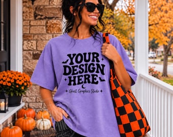Comfort Colors C1717 Violet Shirt Mockup | CC 1717 Purple Tshirt Mockup | Fun Trendy Spooky Fall Halloween Style Tee | Halloween Shirt mock