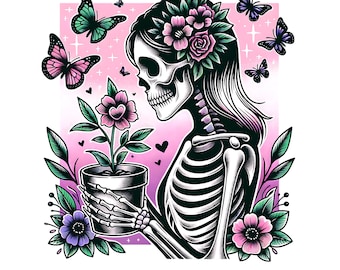 Pink Plant Skelly Girl PNG, Plant Clipart, Spooky Plants sublimation, Skeleton Png, Spooky Spring PNG, Plant Lover png, Skeleton Plants PNG