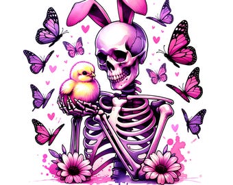 Skeleton Holding Chick PNG, Easter Bunny Clipart, Spooky Easter sublimation, Skeleton Bunny Png, Spooky Easter PNG,baby chick, spooky floral