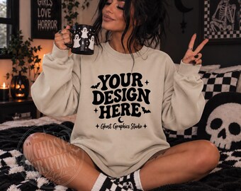 Gildan 18000 Sand Sweatshirt Mockup | G180 Sand Crewneck Mockup | Model Mock | Spooky Alternative Checkered Style  Sweatshirt Mockup