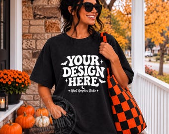 Comfort Colors C1717 Black Shirt Mockup | CC 1717 Black T-shirt Mock-up | Model Mock | Spooky Fall Halloween | Halloween Shirt Mockup
