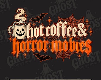 Spooky Coffee Horror Movies PNG, Spooky Season Horror Movie Trendy Halloween Shirt Design png, Iced Coffee Lover png, Scary Movie Coffee png