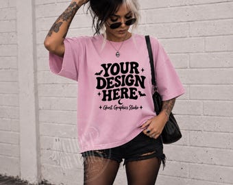 Comfort Colors C1717 Blossom Shirt Mockup | CC 1717 Blossom T-shirt Mockup | Model Mock | Tattooed Model | Edgy Alternative Shirt Mockup