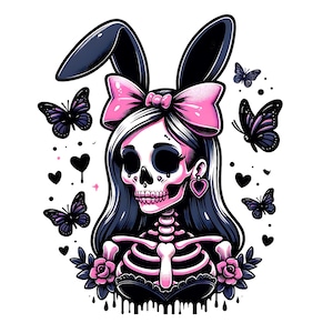 May include: A pink and black skull with a pink bow and bunny ears. The skull has a skeleton ribcage and is surrounded by pink flowers and black butterflies.