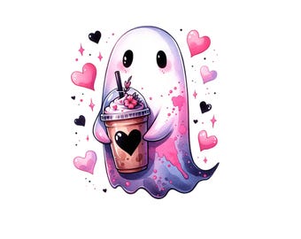 Vday Coffee Ghost PNG, Ghost png, Valentines day png, valentines day clipart, spooky valentines png, Ghost clipart, Ghost with hearts png