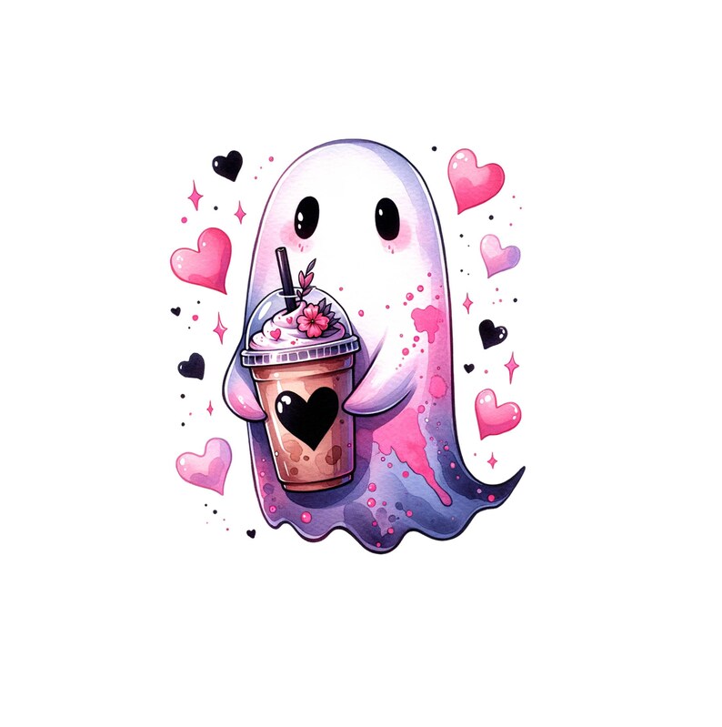 K&ouml;nnte beinhalten: Ein s&uuml;&szlig;er Cartoon-Geist mit rosa und violetten Akzenten h&auml;lt einen braunen und wei&szlig;en Eiskaffee mit einer rosa Blume oben drauf. Der Geist ist von rosa Herzen und schwarzen Sternen umgeben.
